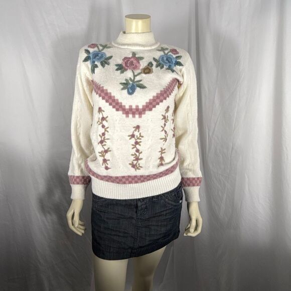 Vintage Alfred Dunner Floral Embroidered Sweater Cream Mock Neck Made in Hong Ko - Picture 3 of 16
